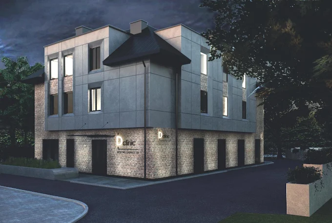 Budynek kliniki DClinic przy ul. Królowej Jadwigi 191 w Krakowie o zmierzchu